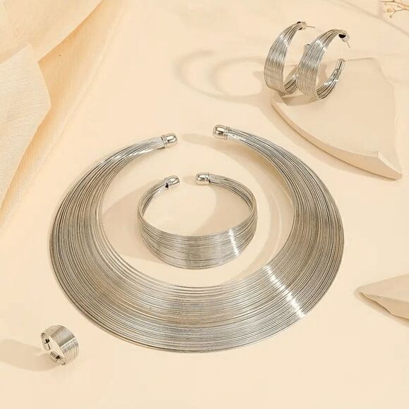 STERLING SILVER MULTI LAYER NECKLACE, CUFF BRACELET, EARRINGS, & RING SET - Picture 2 of 3